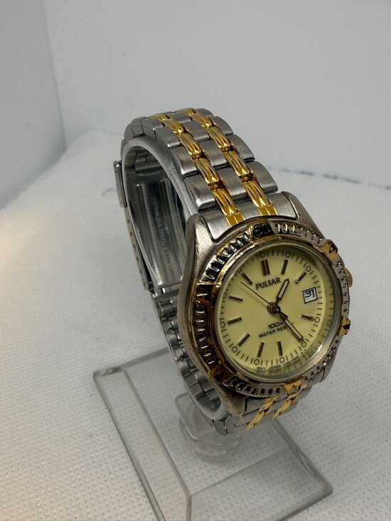 1998 Pulsar Two Toned Champagne Day-Date  Vintage Pulsar Women\'s 25mm Two-Tone Champagne Dial Date 100M Quartz Watch